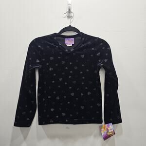 VINTAGE Y2K 2000s NEW Pippin Street Black Velvet Long Sleeve Heart Bedazzled Top